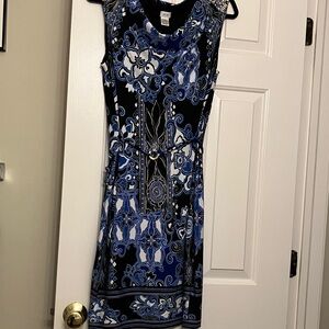 Cache Blue and Black Grecian Swirl Dress